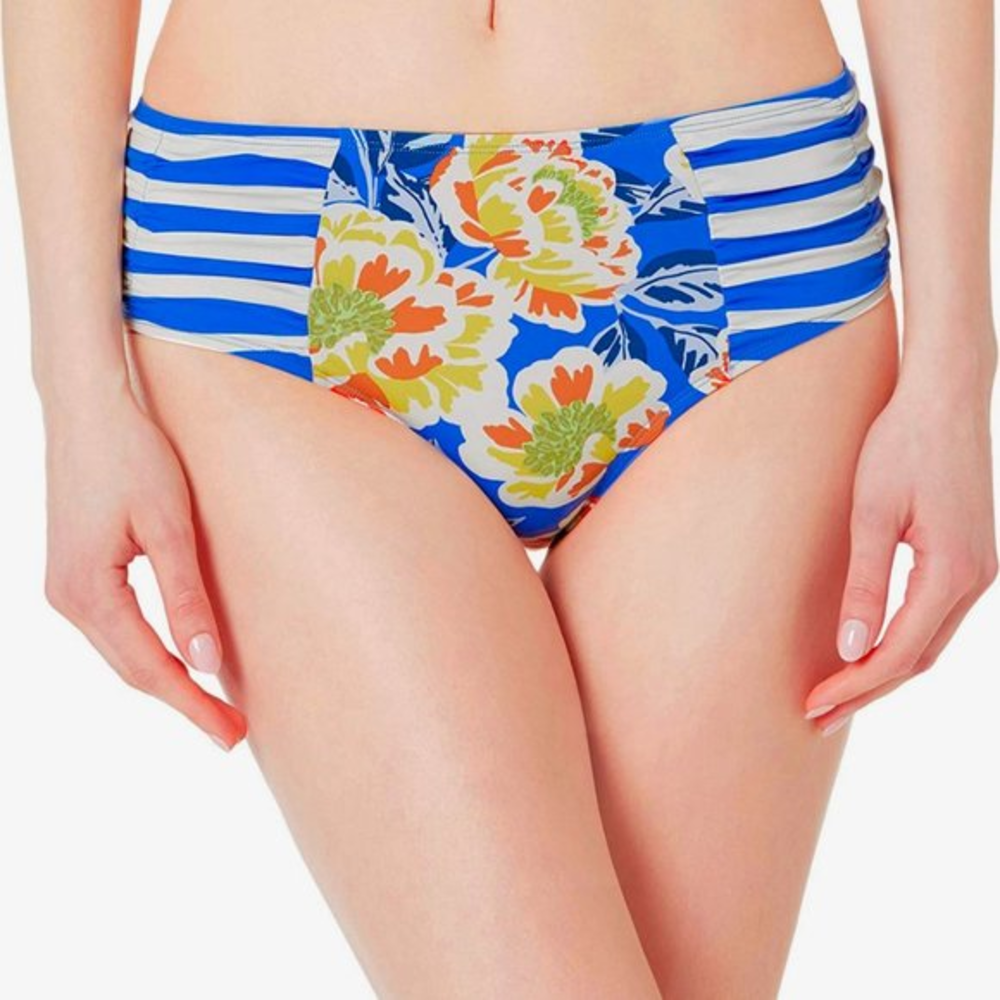 Brand New! Skye Floral Bikini Bottoms‎ Mid Rise Large Blue White Striped Orange